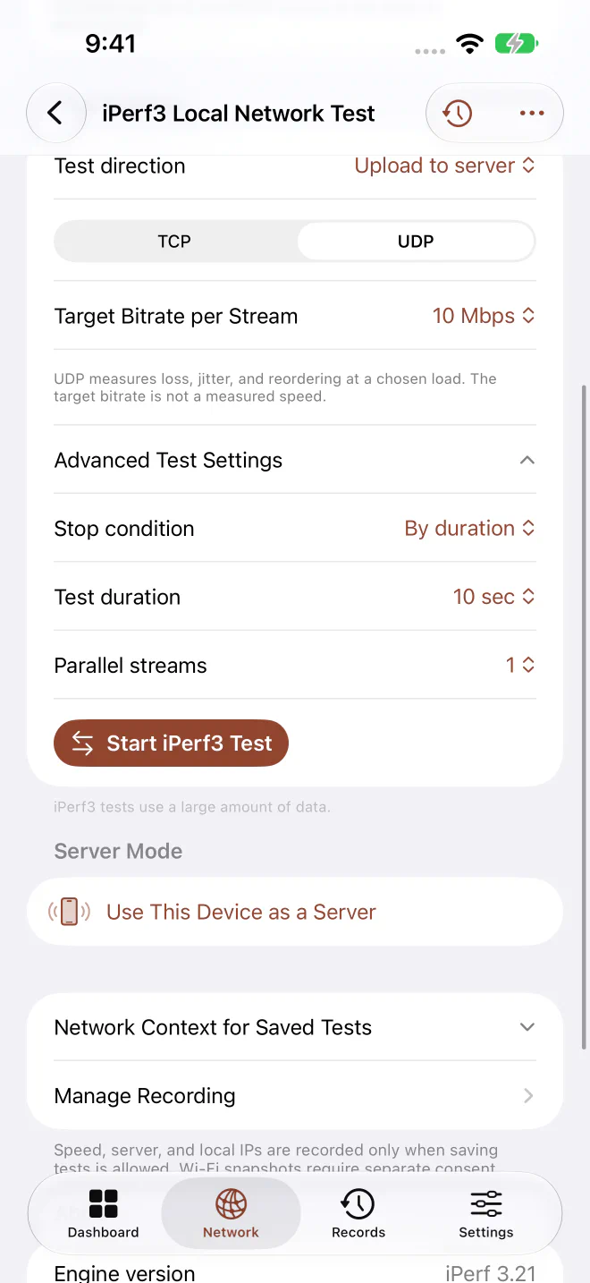Syscope Pro 的 iPerf3 UDP 與進階測試設定。