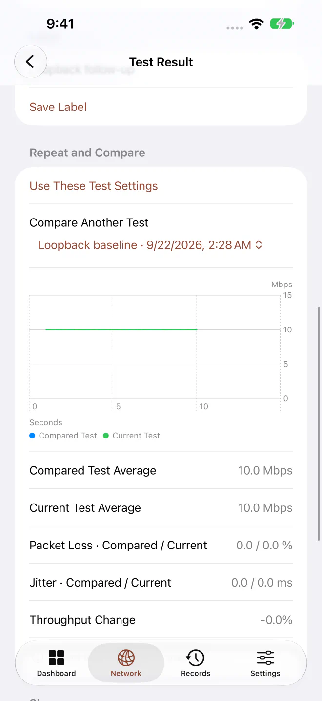 Syscope Pro 比較兩次已儲存的本機 iPerf3 測試。